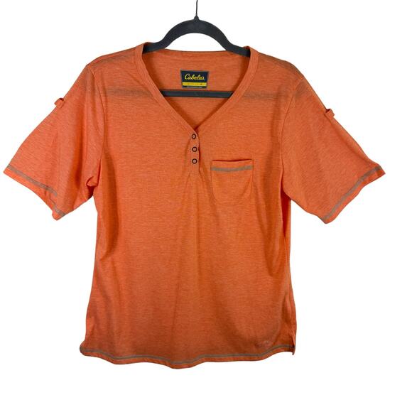 Cabela's Orange Short Sleeve V-Neck 1/4 Snap Cuffed Sleeve Lightweight T-Shirt L - Picture 1 of 8